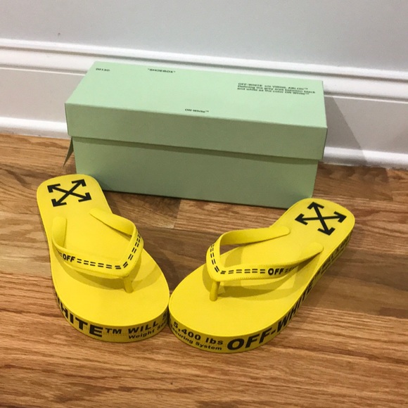 yellow off white flip flops